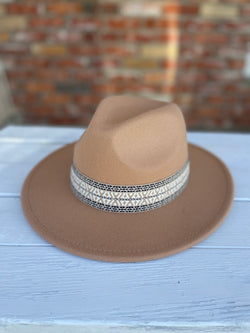 Tan Fedora Hat w/Boho Design Band and Adjustability