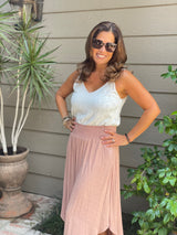 Clay Textured Midi Skirt w/Smocked Waistband & Round Hem